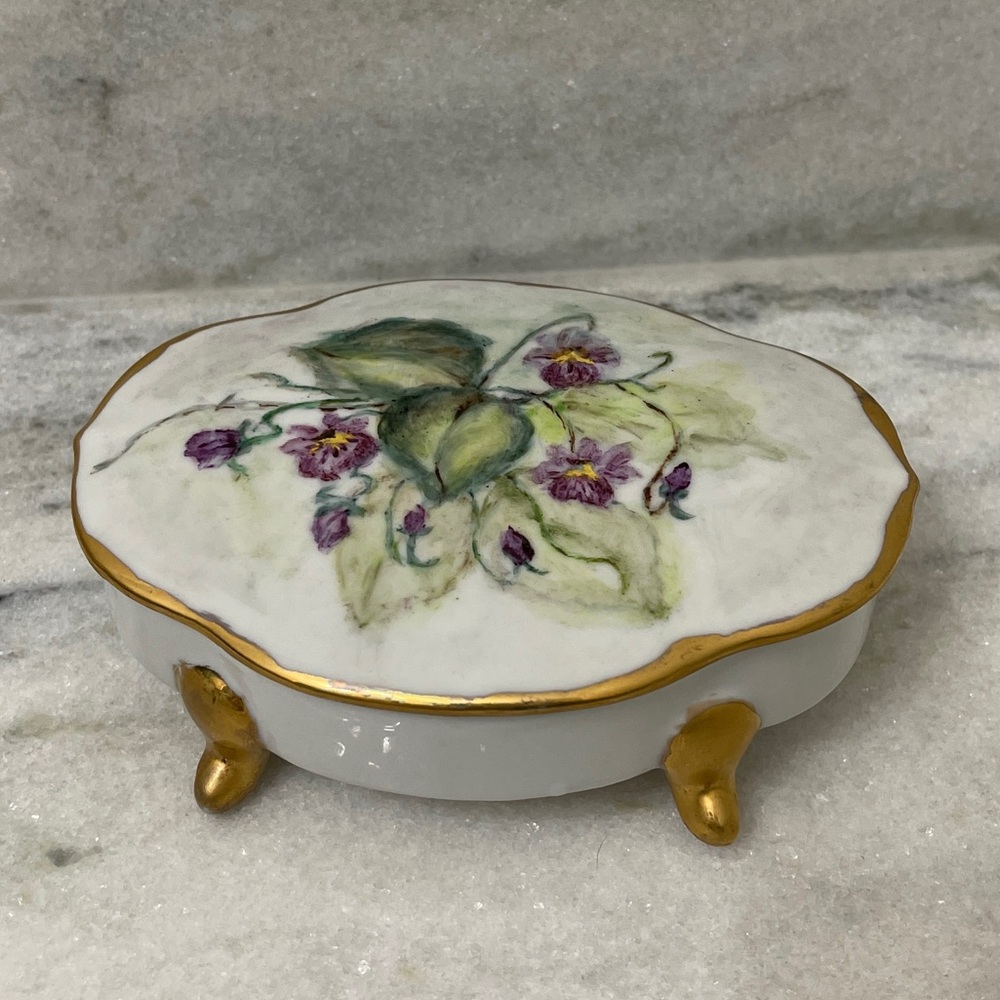 Vintage handpainted Floral Decorative Trinket Box with Gold Accents